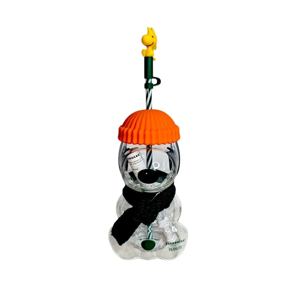 Starbucks Peanuts Snoopy Glass Cold Cup Woodstock Straw Topper Orange Hat 20oz